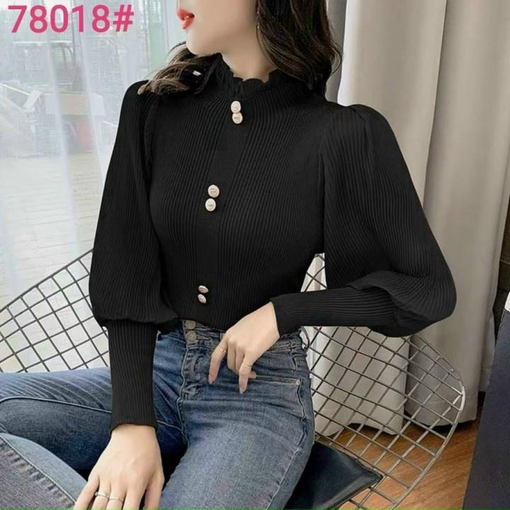 ÁO LEN NỮ CỔ LỌ TAY BỒNG chất liệu len tăm dày mịn phối vải von lụa dập li đẹp s252