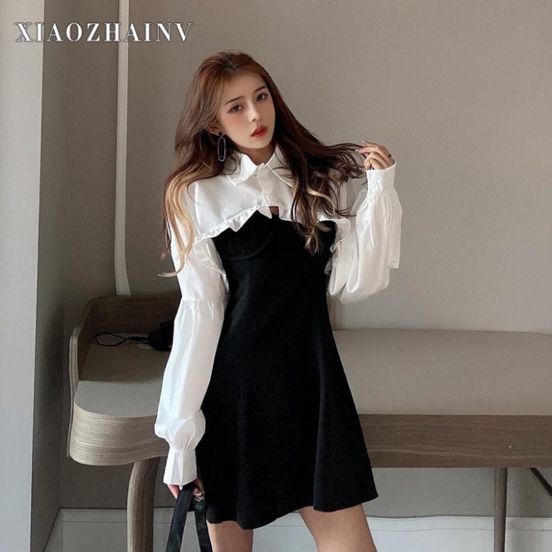 Set Đầm Ôm Hai Dây Và Áo Sơ Mi Tay Phồng Thời Trang Gợi Cảm Cho Nữ