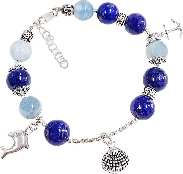 Vòng Tay Laliz Mệnh Kim Thủy Đá Aquamarine Mix Kyanite + Charm Sò Cá Heo