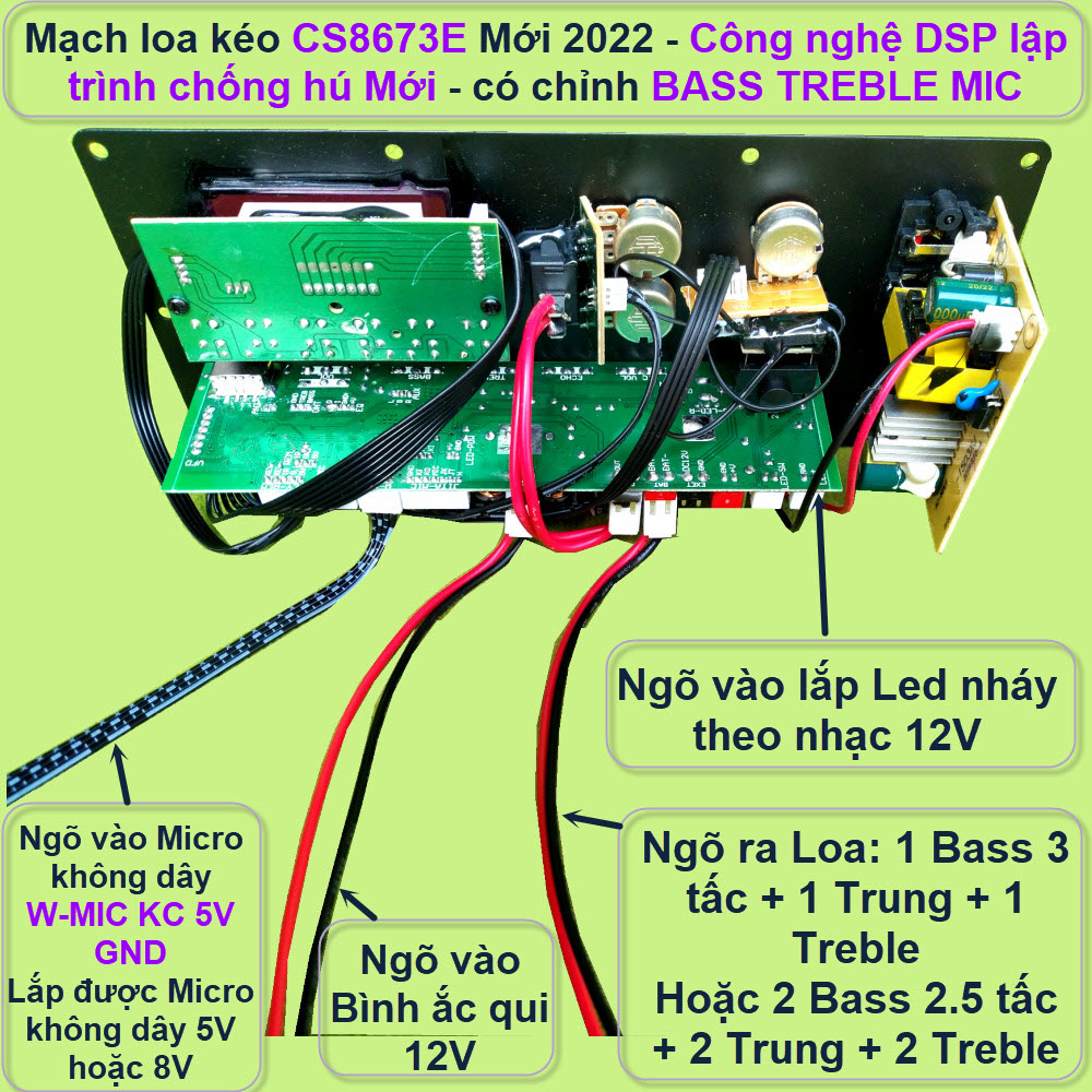 Mạch loa kéo CS8673E 130W DSP lập trình chống hú có chỉnh Bass Treble Micro