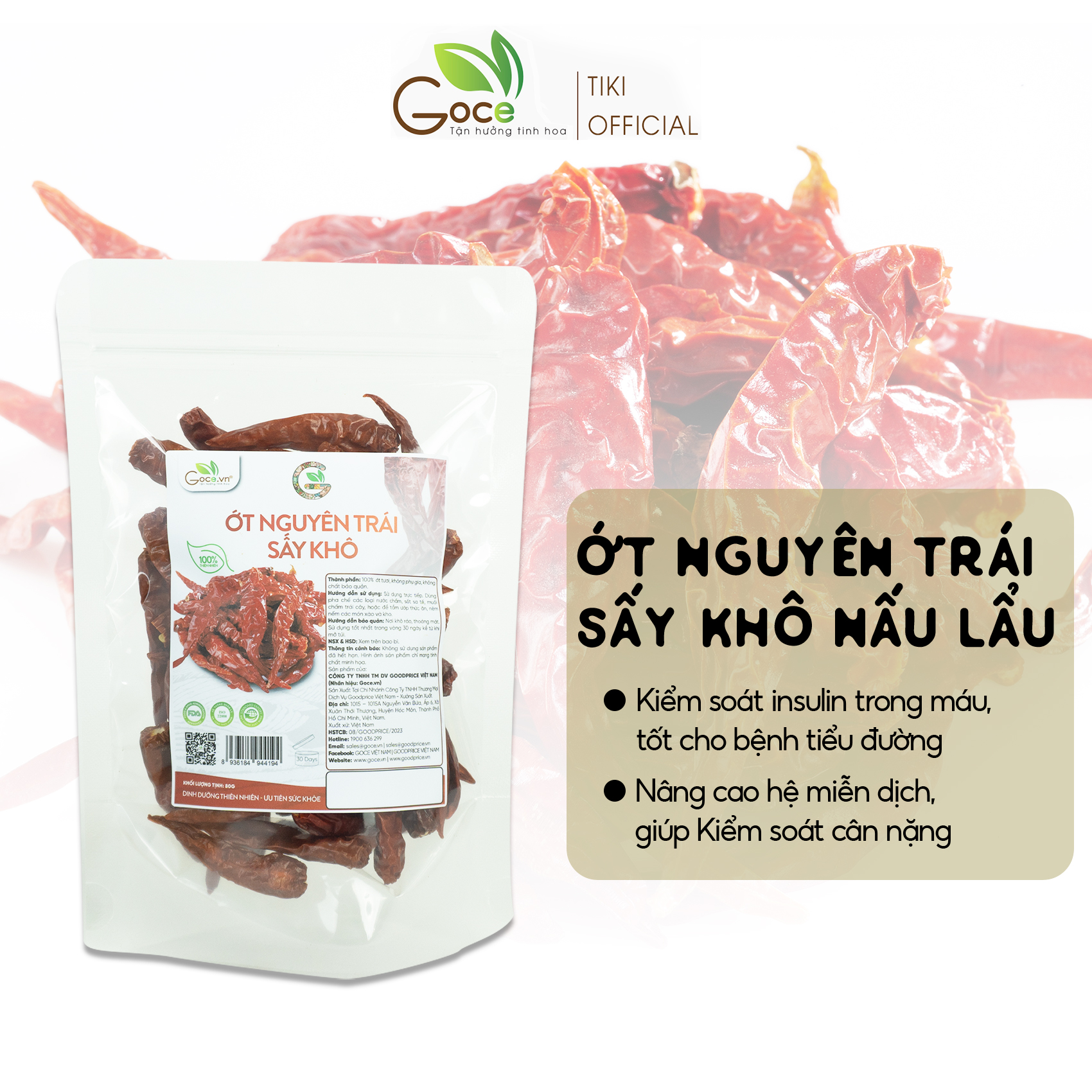 Ớt nguyên trái sấy khô gia vị Goce - 60g