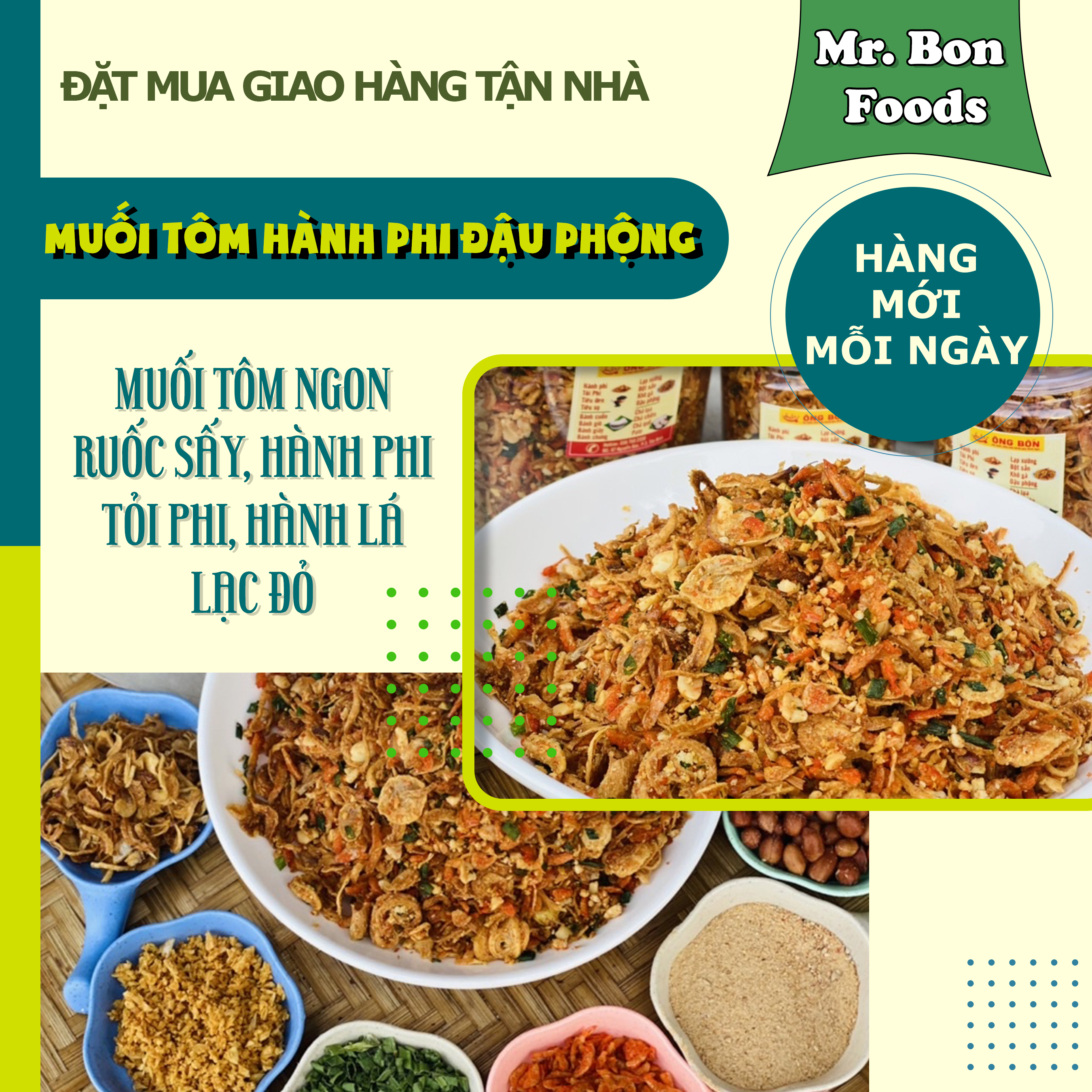 Muối Tôm Hành Phi Đậu Phộng ÔNG BỐN - Tặng Kèm 50g Bánh Tráng Phơi Sương(hũ 120ml