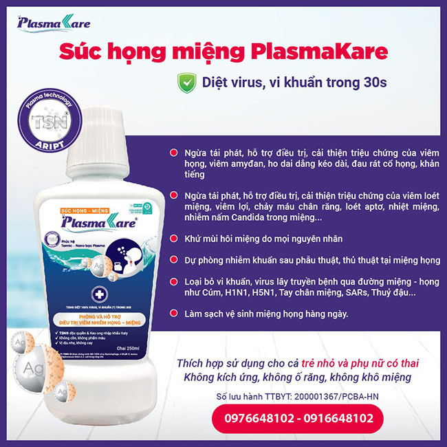 01 thùng 30 chai Nước súc họng PlasmaKare, dịu họng, giảm ho, sạch đờm, cặn,  hết ngứa rát họng, viêm họng, viêm amidan