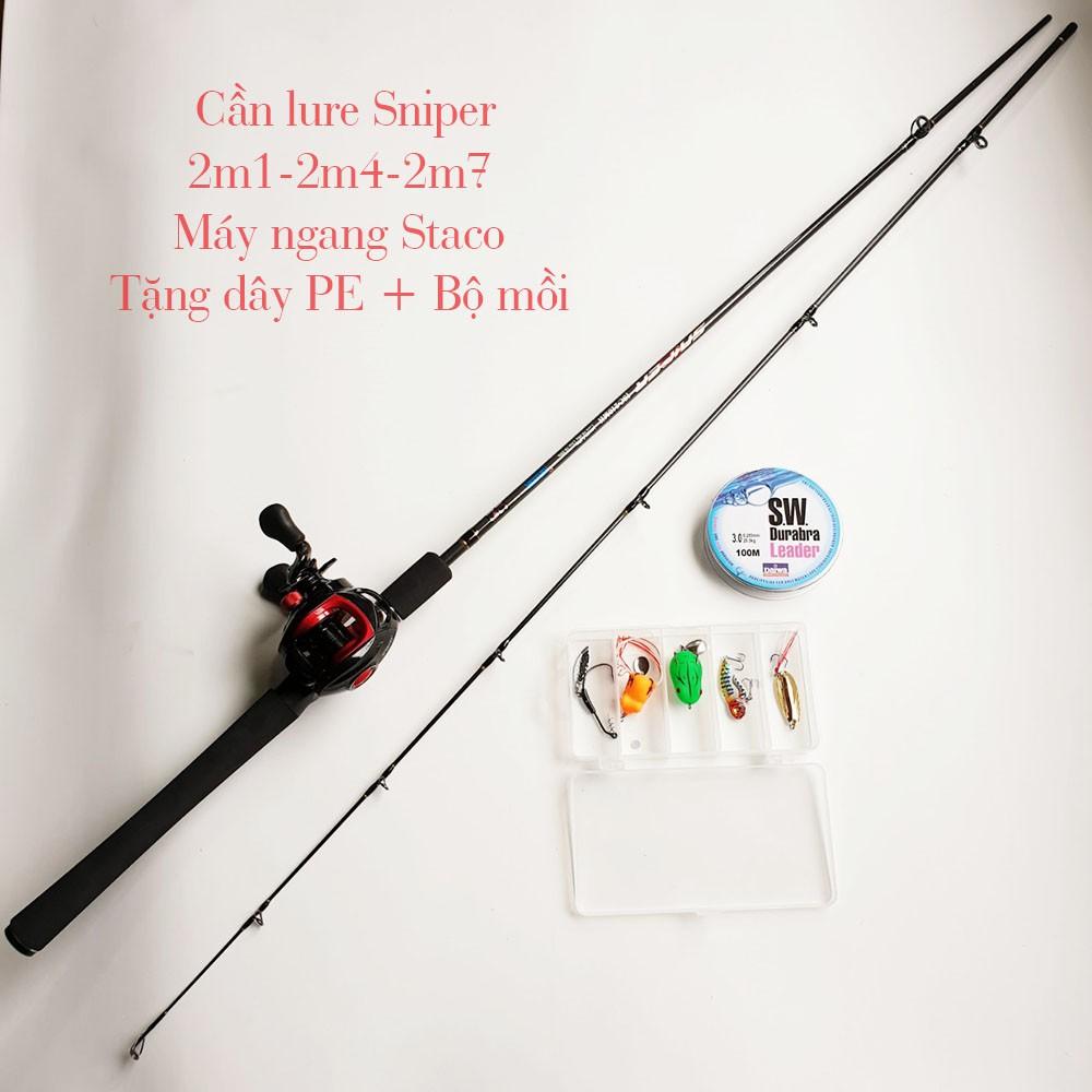 Bộ cần câu lure máy ngang Sniper máy ngang Staco tặng kèm bộ mồi câu