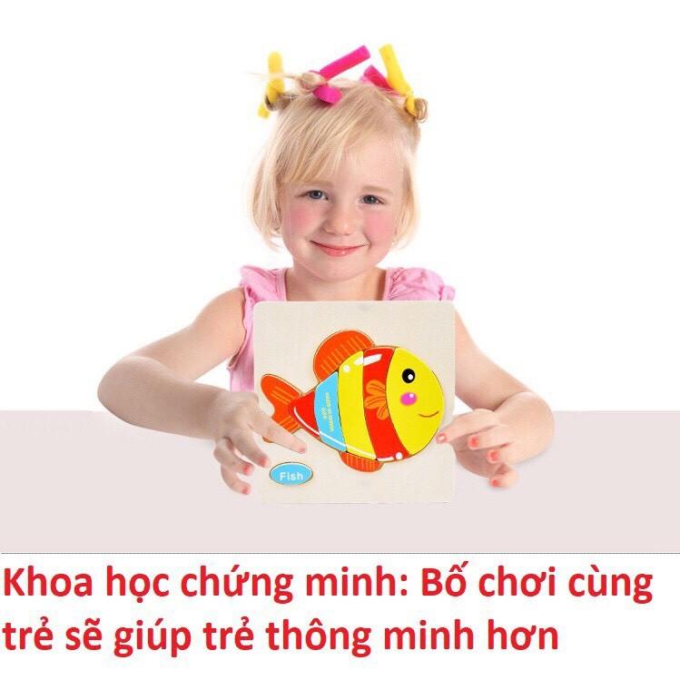 COMBO 3 Tranh Xếp Hình, Lắp Ráp Tranh Ghép gỗ 3D nhiều hình Ngộ Nghĩnh - Phát Triển Trí Tuệ Cho Bé Học Tiếng Anh