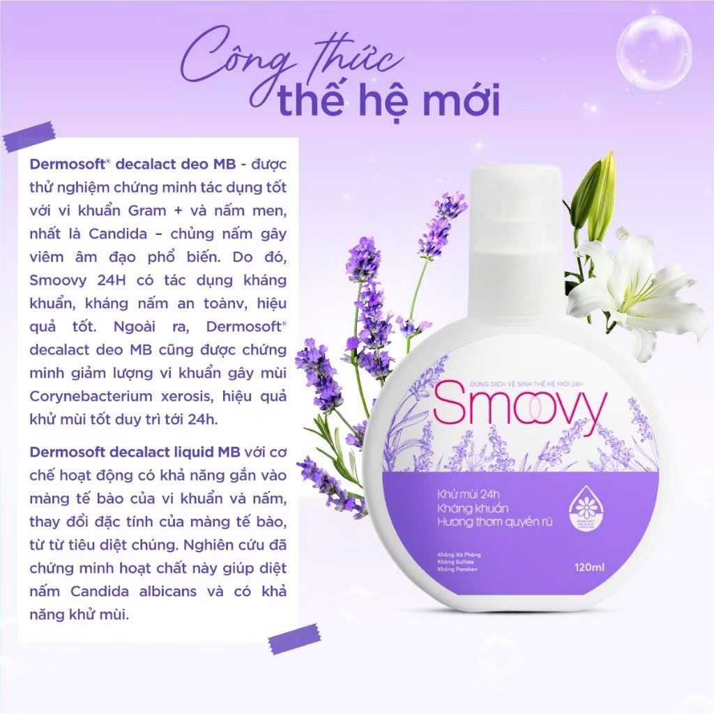 Dung dịch vệ sinh phụ nữ thế hệ mới Smoovy 24H - Khử mùi kháng khuẩn, hương thơm quyến rũ suốt 24H - 120ML