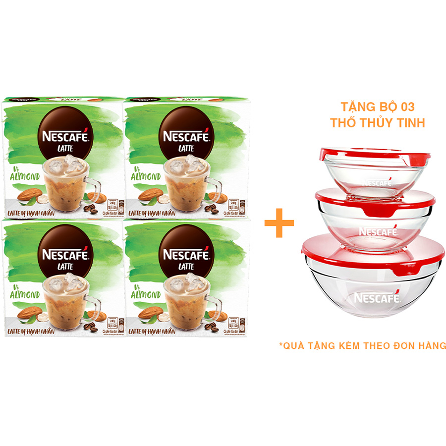 Combo 4 hộp cà phê hòa tan Nescafé Latte sữa hạt vị hạnh nhân (Hộp 10 gói x 24g) - [Tặng bộ 3 thố thuỷ tinh Nescafé]