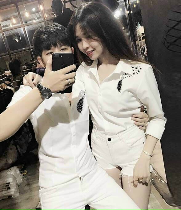 Sơ mi cặp họa tiết lông vũ và chim thời trang