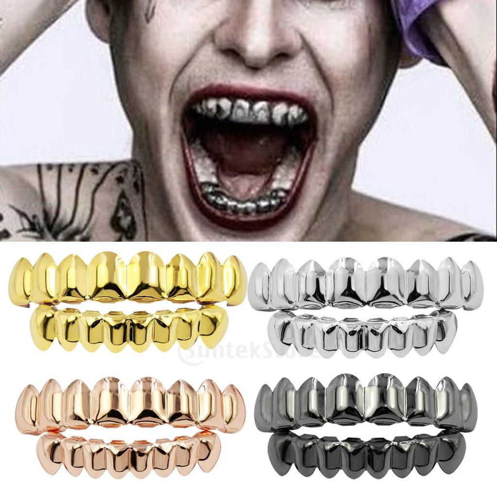 2 Pcs Metal 18k Gold Plain Grills Teeth Caps Top + Bottom Teeth Cosplay Vampire