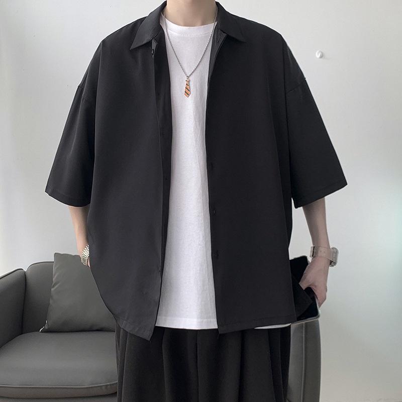 Áo Sơ Mi Tay Ngắn Dáng Rộng Màu Trơn Cổ Bẻ Phong Cách Harajuku Thời Trang Cho Nam Faruiline FARU019