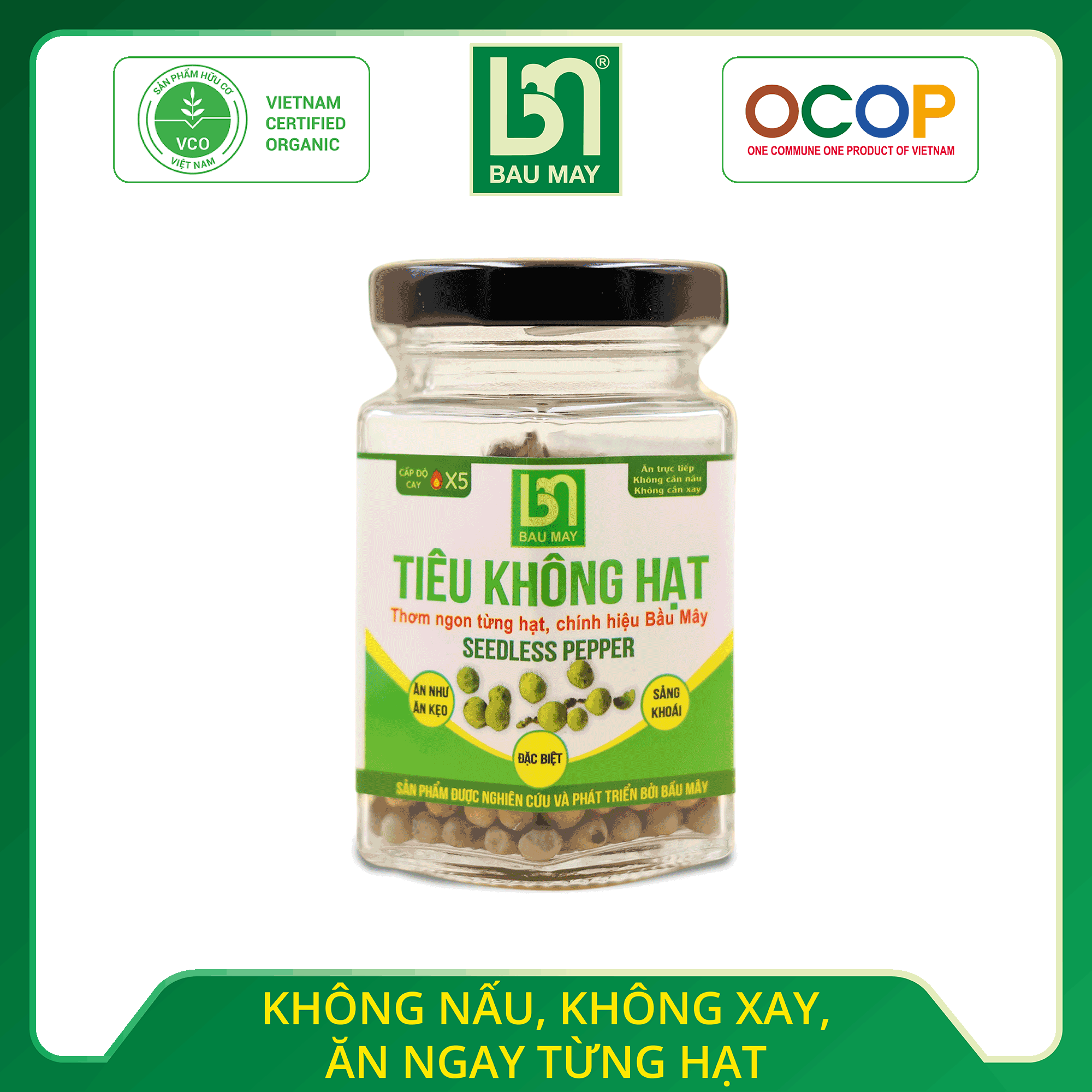 Tiêu không hạt Organic Bầu Mây 20g - Tủ thuốc di dộng giúp Kích thích ăn uống và cải thiện hệ tiêu hóa, Chống buồn ngủ, giúp tỉnh táo khi làm việc và say tàu xe