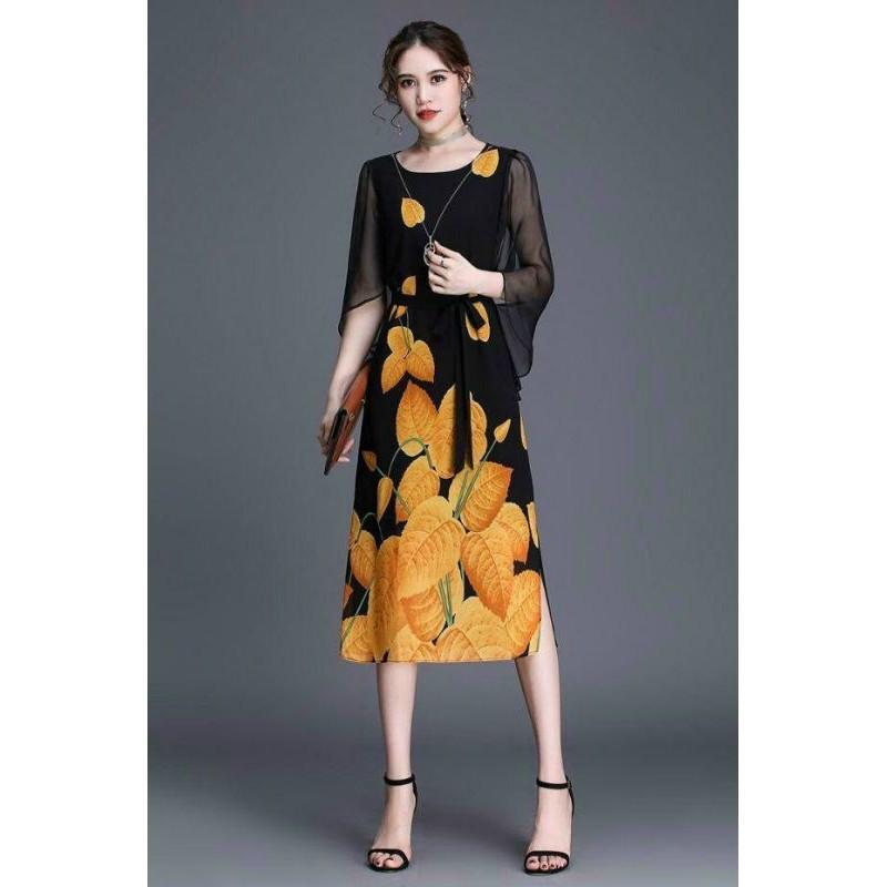 ĐẦM SUÔNG TAY CÁNH TIÊN IN HỌA TIẾT LÁ CỘT EO