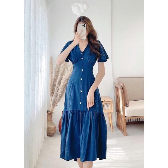 Đầm midi cổ V tay ngắn đuôi cá dài nút ngọc 5 màu