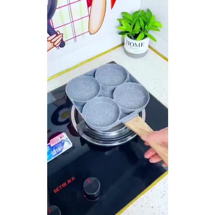 SP1715 Chảo Chiên Trứng 4 Ngăn - Chảo Làm Bánh 4 Lỗ Chống Dính- Chống Dính Tay Cầm Gỗ