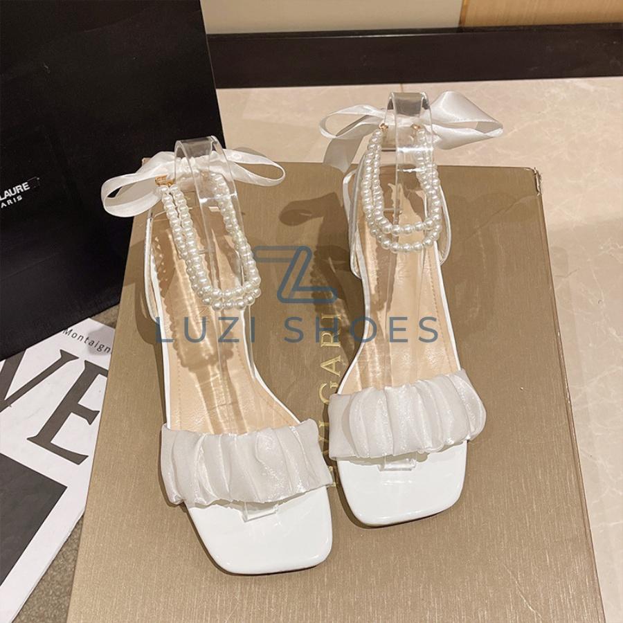 Giày cao gót nữ gót vuông thắt nơ 5 phân, giày sandal 5cm quai ngọc hottrend 2022