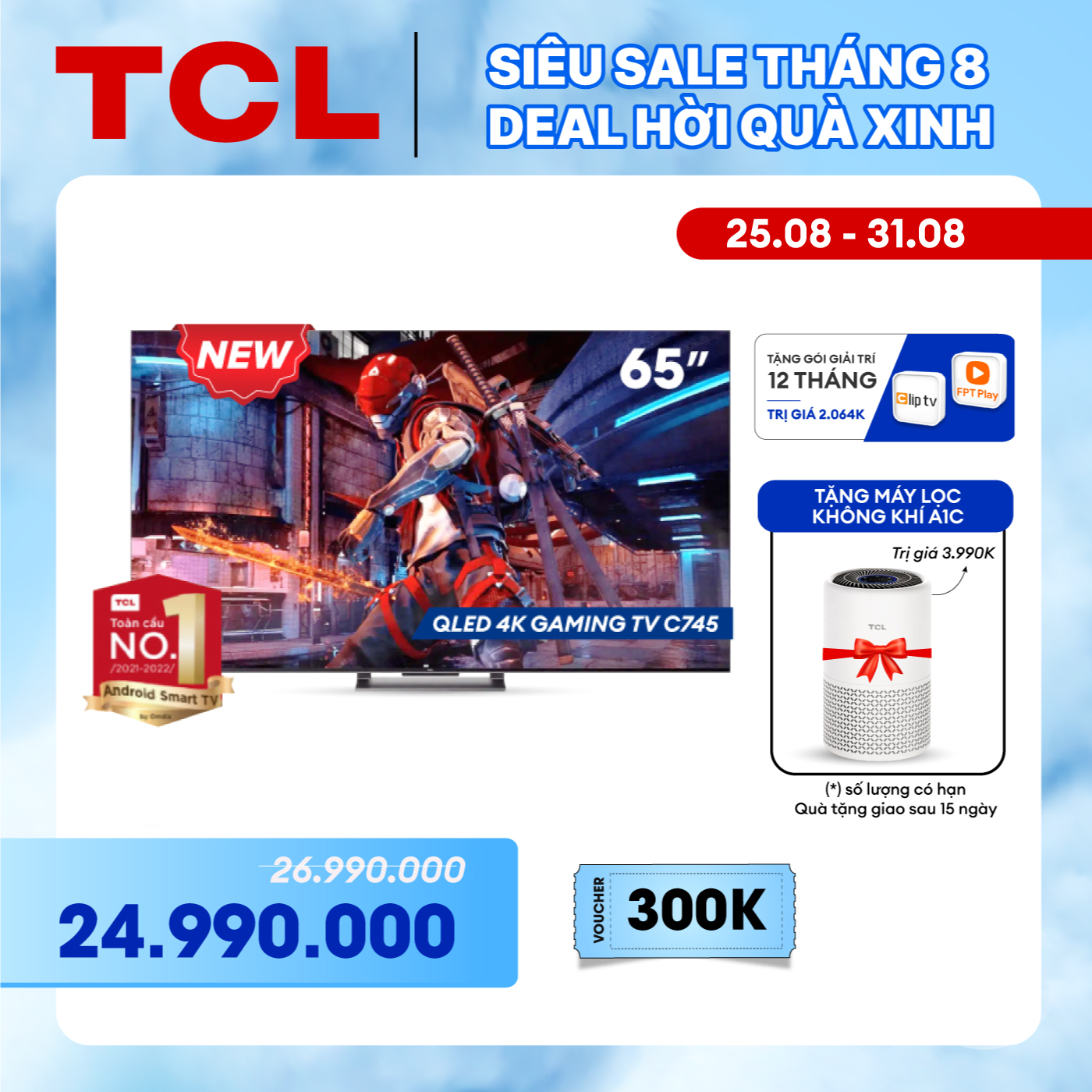 TCL QLED Gaming TV 65 inch 65C745 - Game Master 2.0 - Tivi 65'' - Google Tivi - Hàng chính hãng