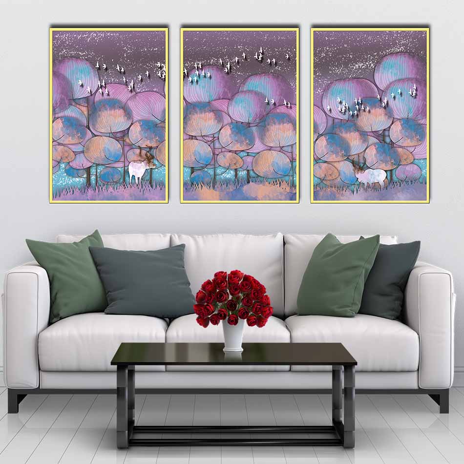 Bộ 3 tranh canvas treo tường Decor họa tiết cách điệu hươu và rừng cây, phong cách hiện đại - DC025