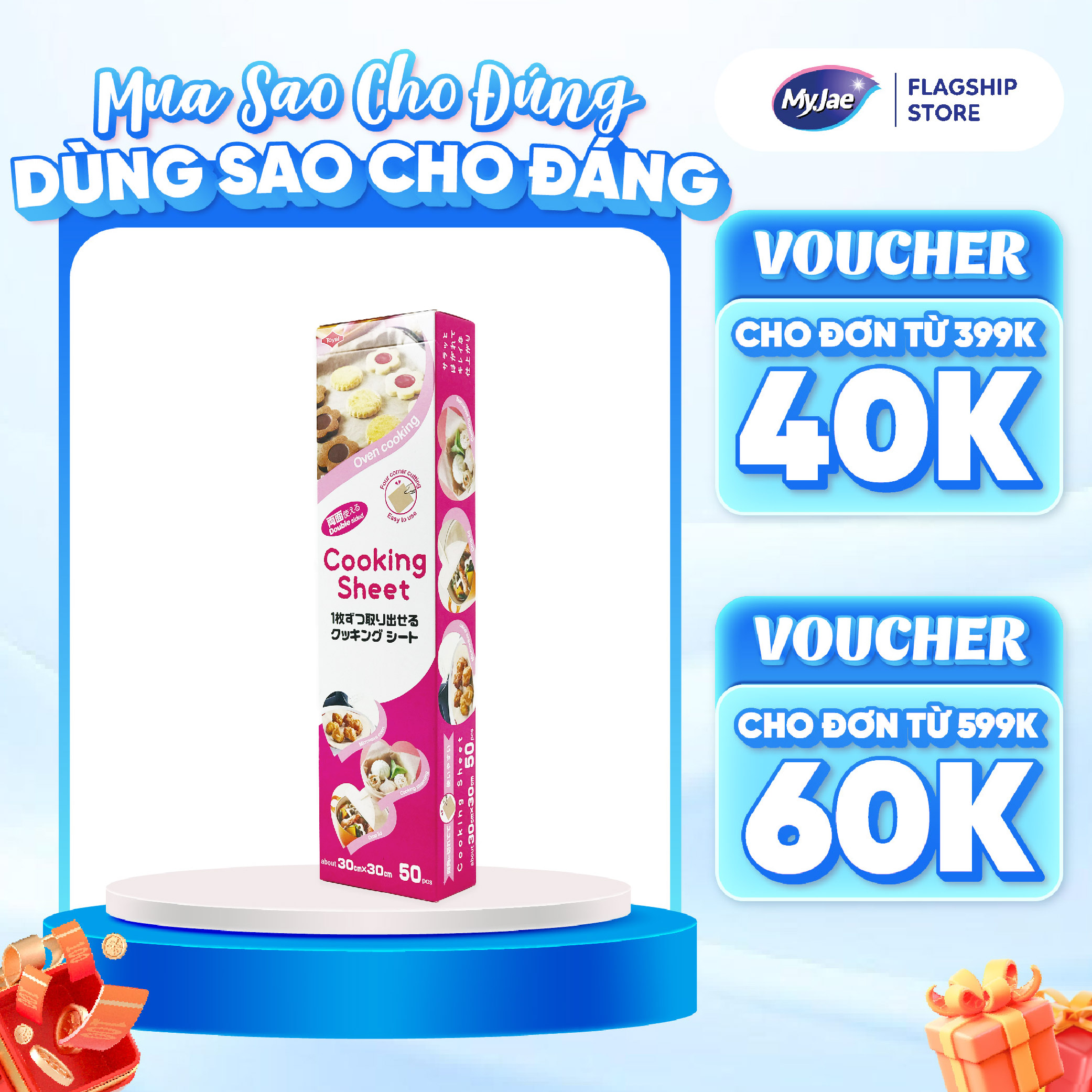 MyJae x Toyal Giấy Nến 2 Mặt Lót Nồi Chiên, Nướng Bánh, Giấy Lót Chống Dính 30cm x 30cm 50 TờHộp