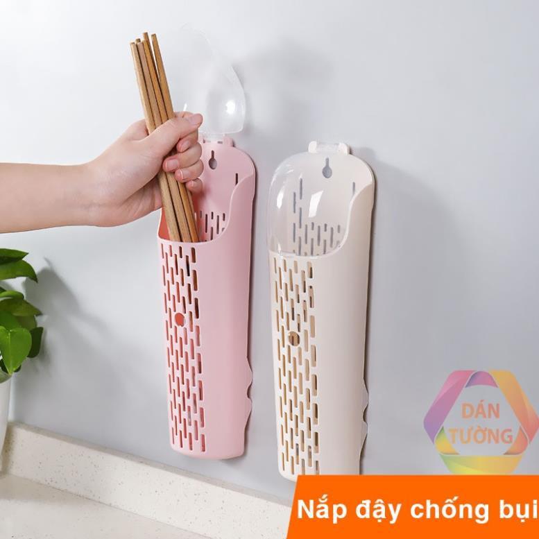 Hũ ống đựng đũa muỗng dán tường nhà bếp không cần khoan tường, ống đũa có nắp đậy, có khe thoát nước _D46