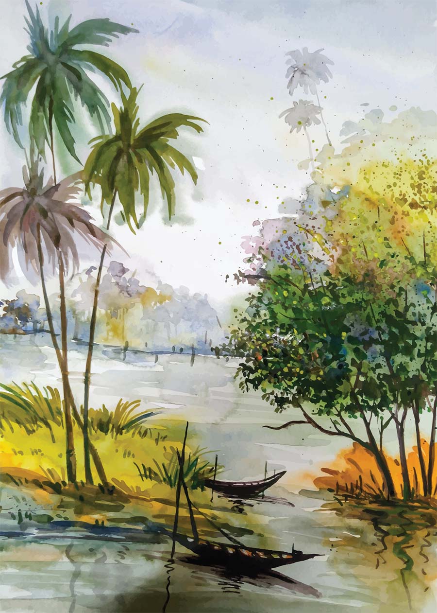 Tranh canvas phong cách màu nước (watercolor) Bến sông - WT001