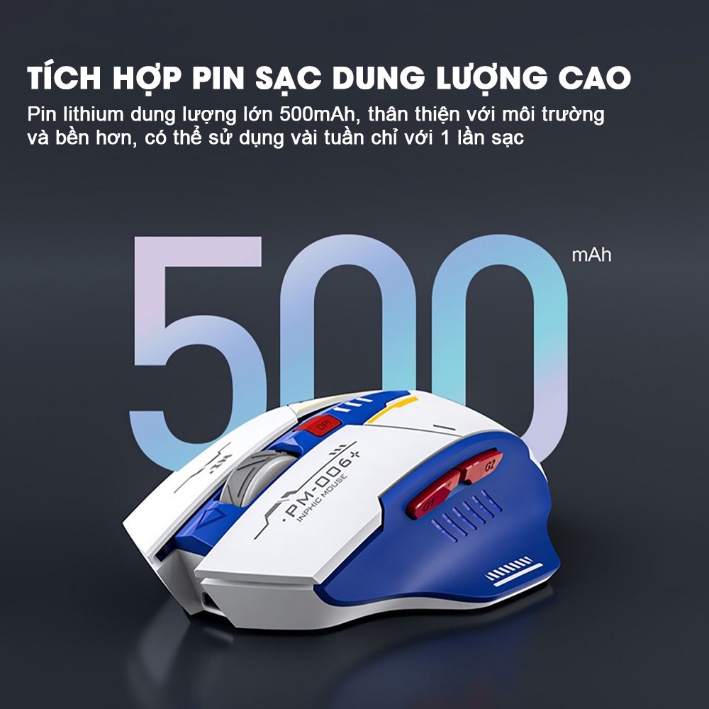 ￼Chuột máy tính không dây gaming TEKKIN F9 GUNDAM pin sạc 6 nút công thái học silent tắt tiếng chống ồn wireless - hàng chính hãng