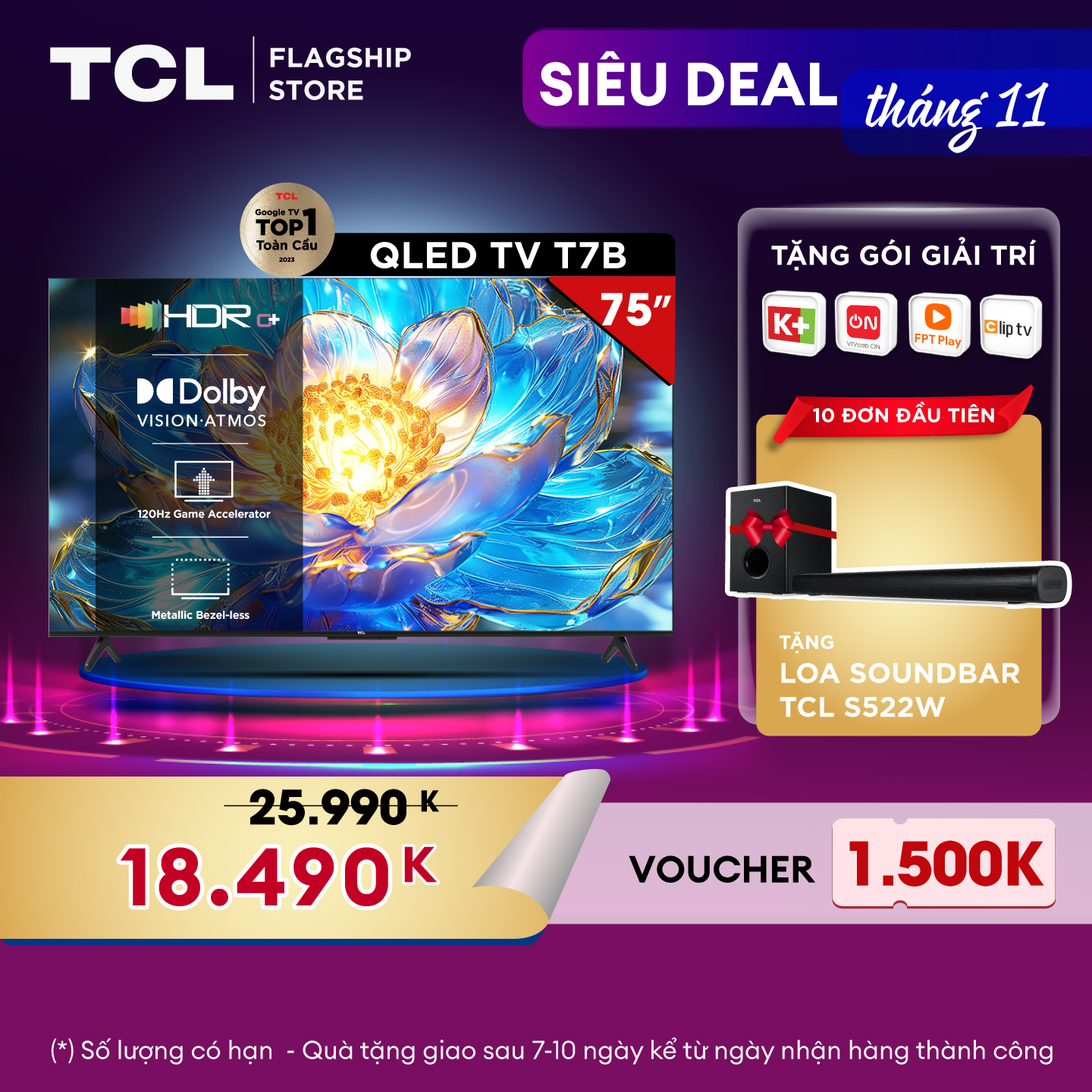 TCL 75T7B 75&quot; QLED 4K Google TV - Tivi 75inch - Hàng chính hãng - Bảo hành 2 năm