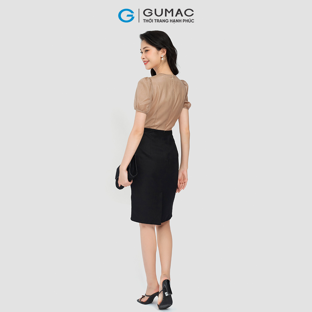 Đầm bút chì phối voan GUMAC DC08056 vải mềm mịn màu nâu