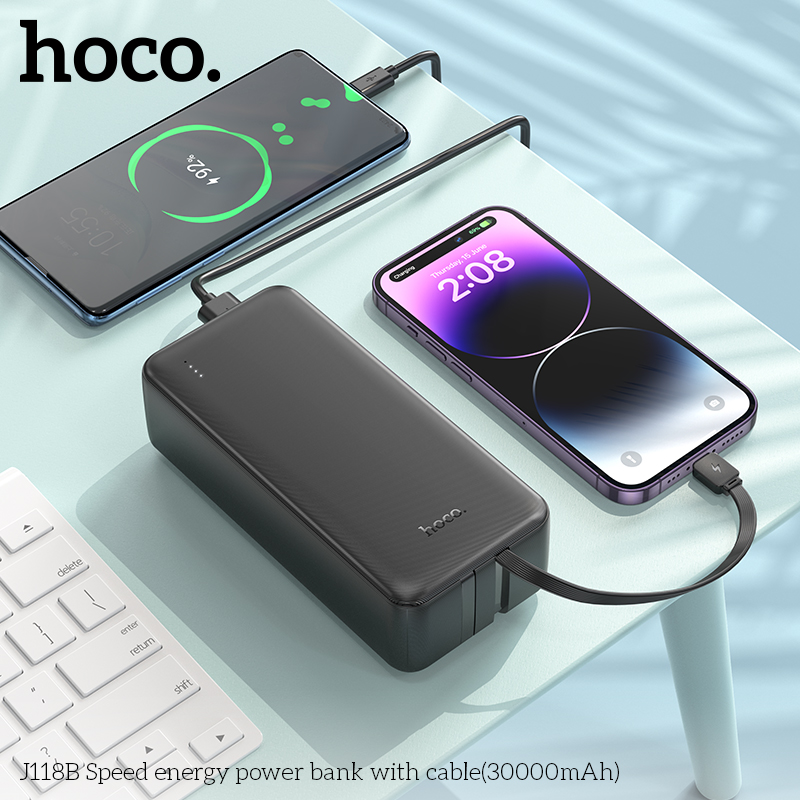 Sạc Dự Phòng Dành Cho Hoco J118B 30000Mah 2 Cổng Sạc Usb, Cáp Sạc 2 Dây Chân Type-C Và Ip Hàng Chính Hãng