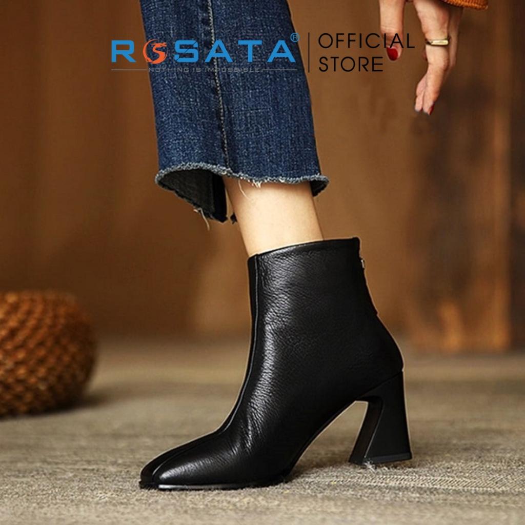 Giày bốt nữ ROSATA RO369 cổ cao mũi nhọn êm chân khóa kéo gót cao 7cm màu đen xuất xứ Việt Nam - Đen
