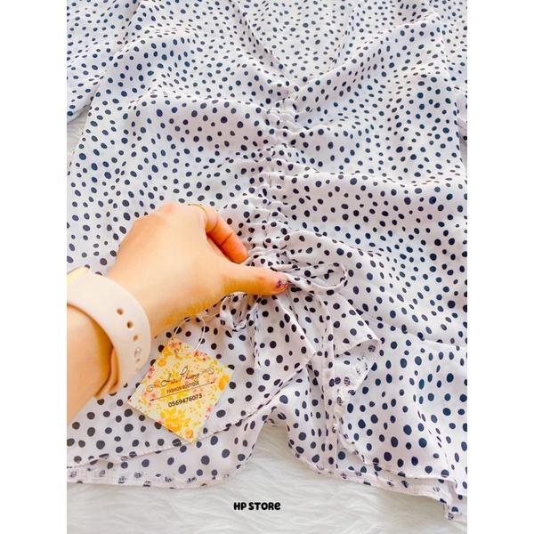 Áo Nữ Lụa Trắng Chấm Bi Đen Thắt Nơ Giữa