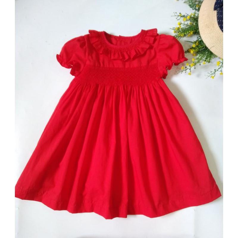 Đầm Smock đỏ cổ tròn tay phồng