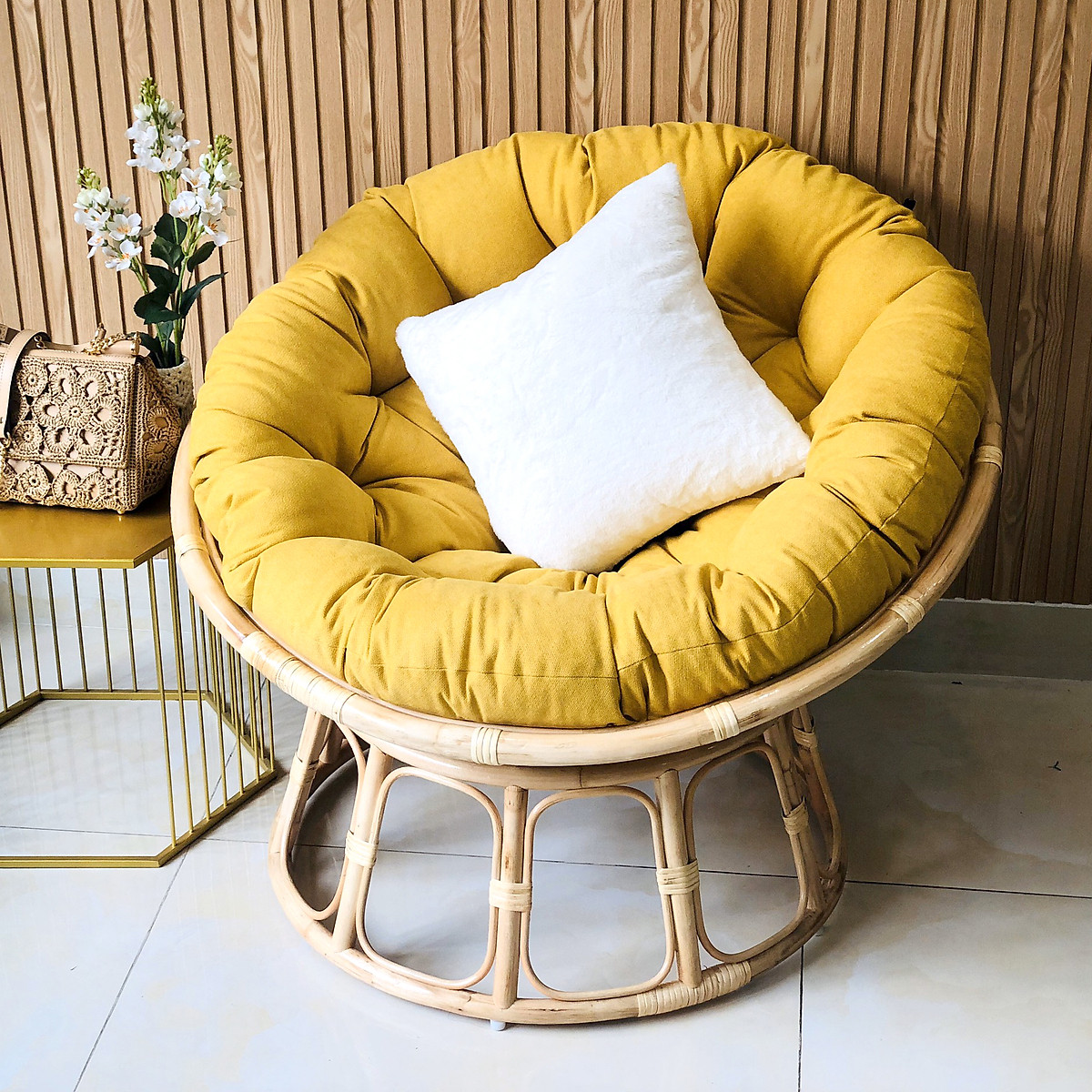 Ghế lười Tundo papasan mây thật vải bố cao cấp màu vàng