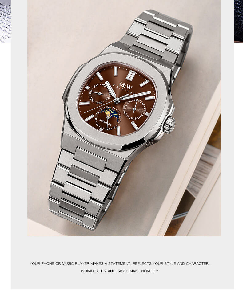 Đồng hồ nam chính hãng I&W CARNIVAL 55886G-4 mặt nâu size mặt 42mm,kính sapphire ,chống nước 50m,dây thép không gỉ