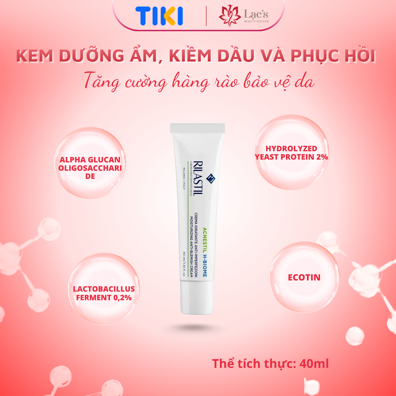 Kem dưỡng ẩm, kiềm dầu và phục hồi dành cho da dầu mụn Rilastil Acnestil H-Biome 40ml