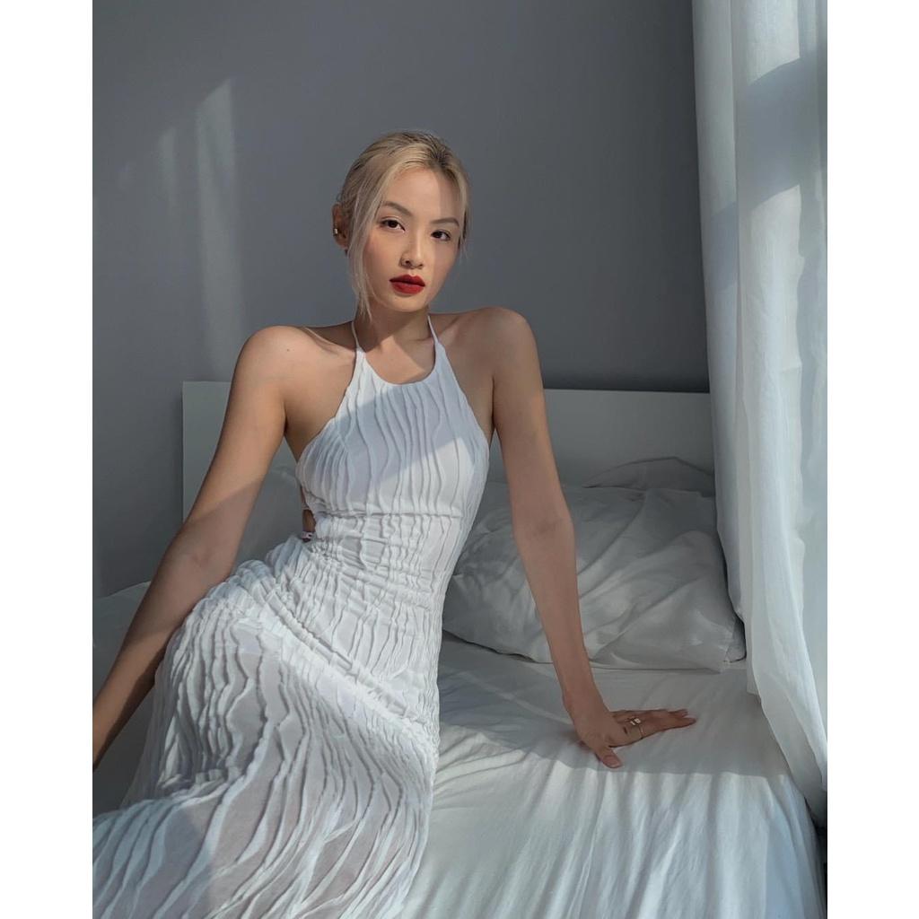 Đầm Maxi Trăng Đan Dây Lưng Thun 3D Thiết Kế IRINA DRESS