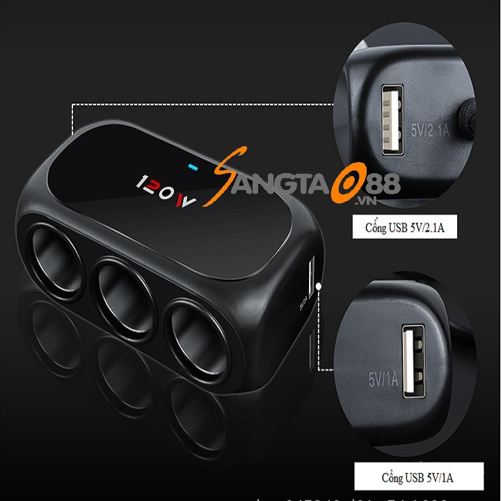 Bộ chia tẩu xe hơi công suất lớn, 3 cổng cắm và 2 cổng USB cao cấp V3