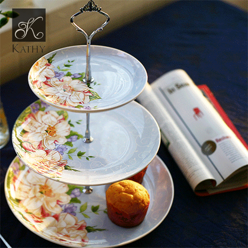 Đĩa 3 tầng để bánh sứ xương cao cấp nhập khẩu họa tiết hoa xanh phong cách Vintage CERAFLORAL 1610