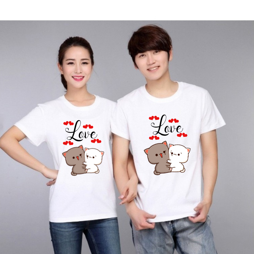 Áo Đôi Với Người Yêu TT15, Áo Đôi In Chữ Tình Yêu, Vải Cotton Thun Thoáng Mát In Hình Dễ Thương