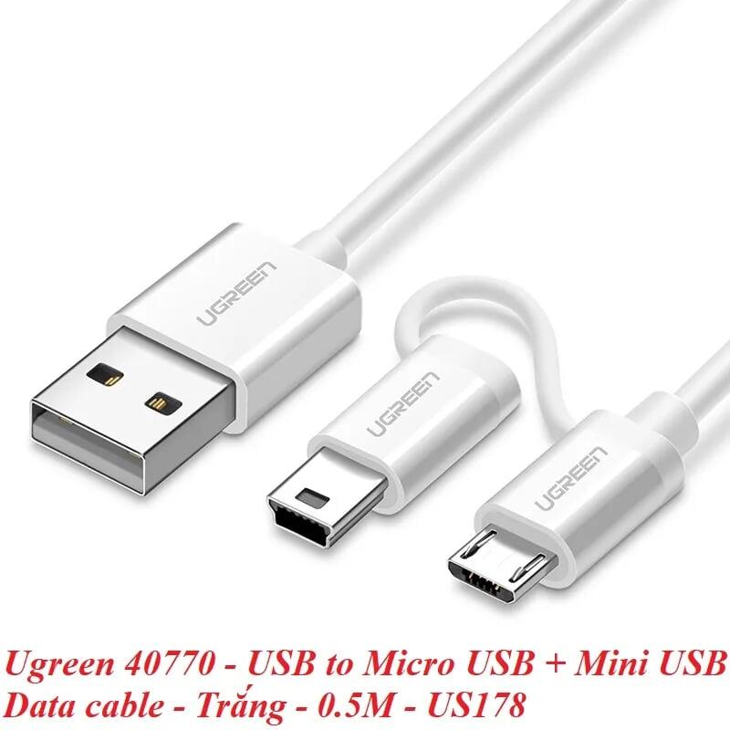 Ugreen UG40770US178TK 0.5M màu Trắng Cáp sạc truyền dữ liệu USB 2.0 sang MICRO USB + MINI USB - HÀNG CHÍNH HÃNG