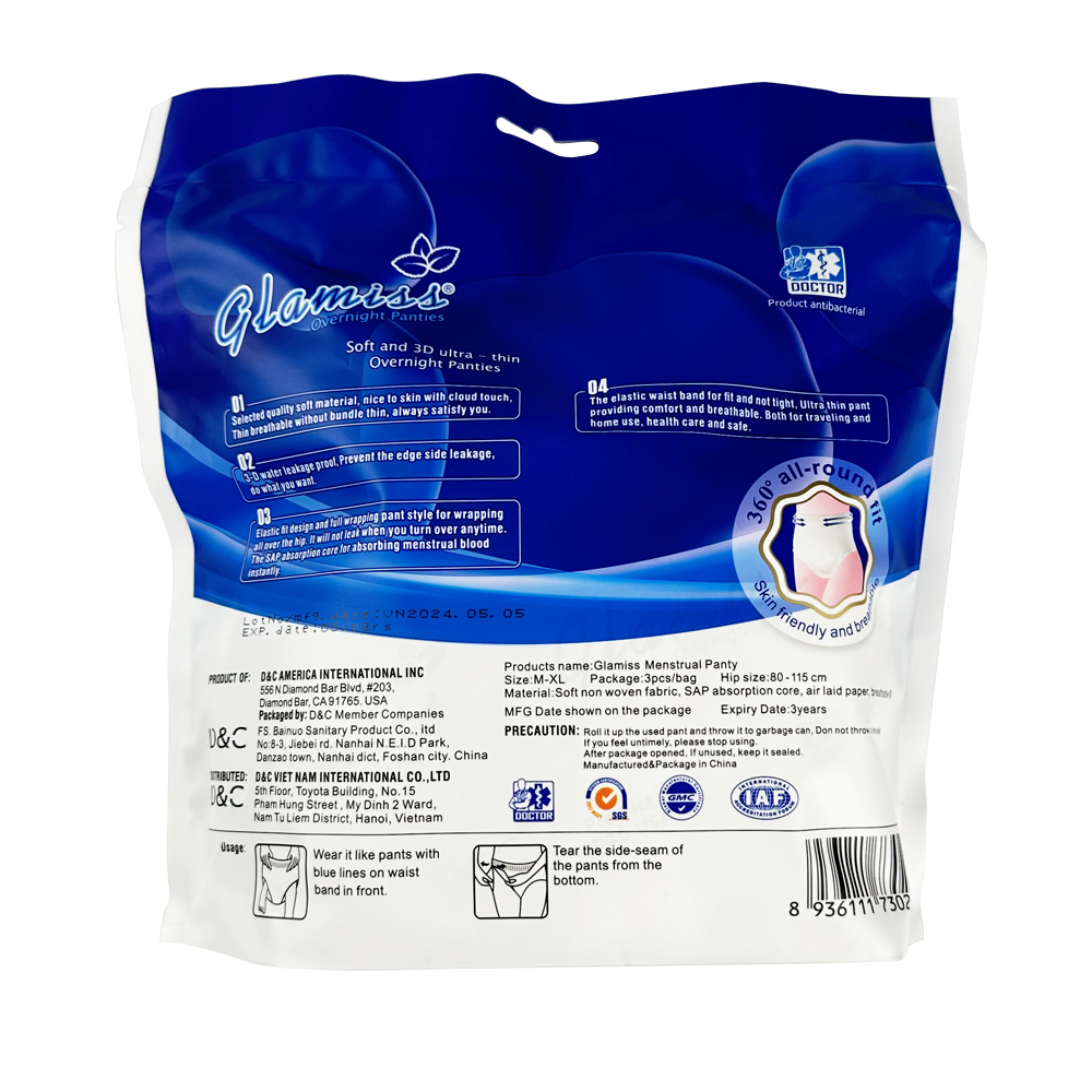Combo 3 gói băng vệ sinh dạng quần Glamiss ban đêm size M-XL siêu mỏng, bề mặt 2 lớp siêu mềm mịn