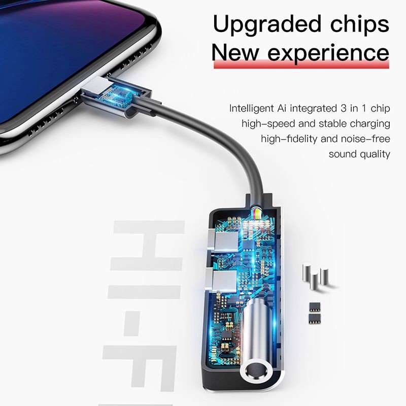 Đầu sạc Adapter 3 in 1 Baseus chia cổng iPhone thành 2 cổng iPhone và 1 cổng tai nghe AUX 3.5mm - Hàng chính hãng