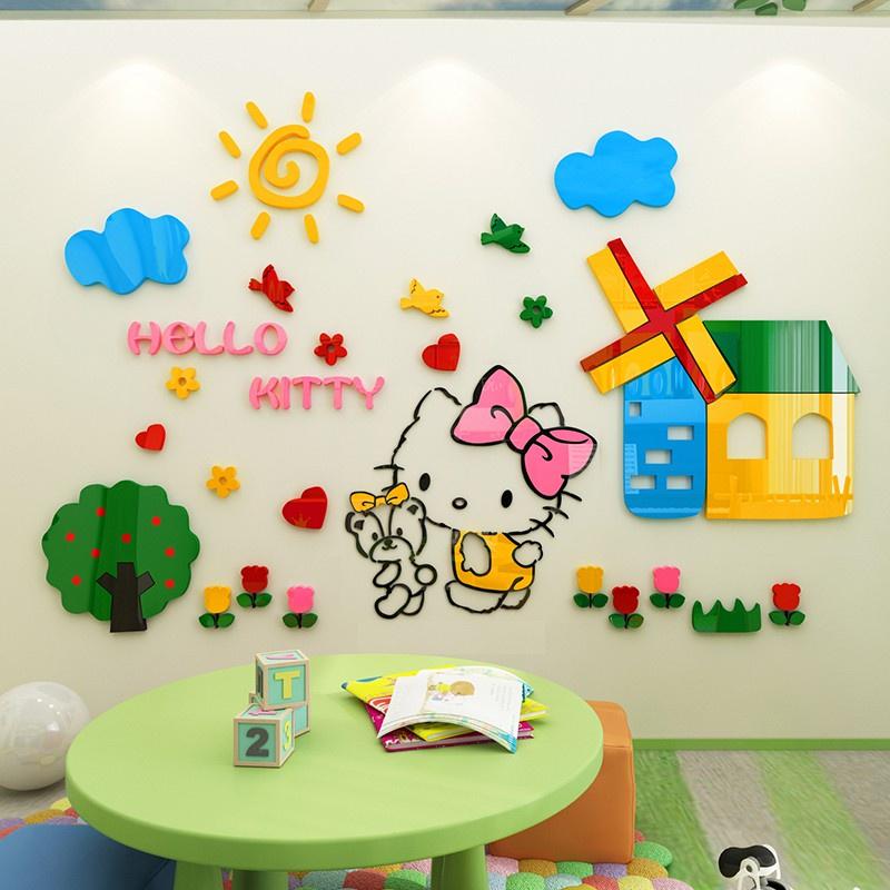 Tranh dán tường mica 3d decor khổ lớn khu vườn của hello kitty trang trí mầm non, mẫu giáo, phòng cho bé