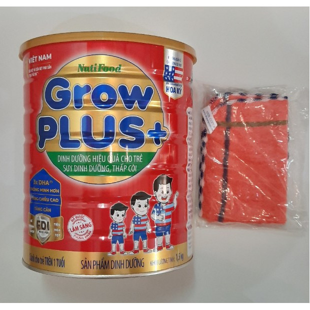 Sữa Nutifood Grow Plus+ Đỏ 1500g mẫu mới dành cho trẻ từ 1-10 tuổi bị suy dinh dưỡng, thấp còi - tặng khăn mặt vải cotton mềm mịn