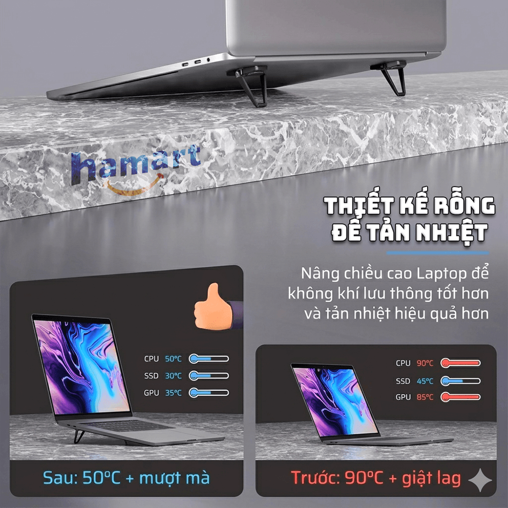 Bộ Đế Kê Laptop Tản Nhiệt Mini Kim Loại Kẽm Cao Cấp Gấp Gọn Giá Đỡ Macbook 2 Chân Keo Dán Siêu Dính - Hàng nhập khẩu