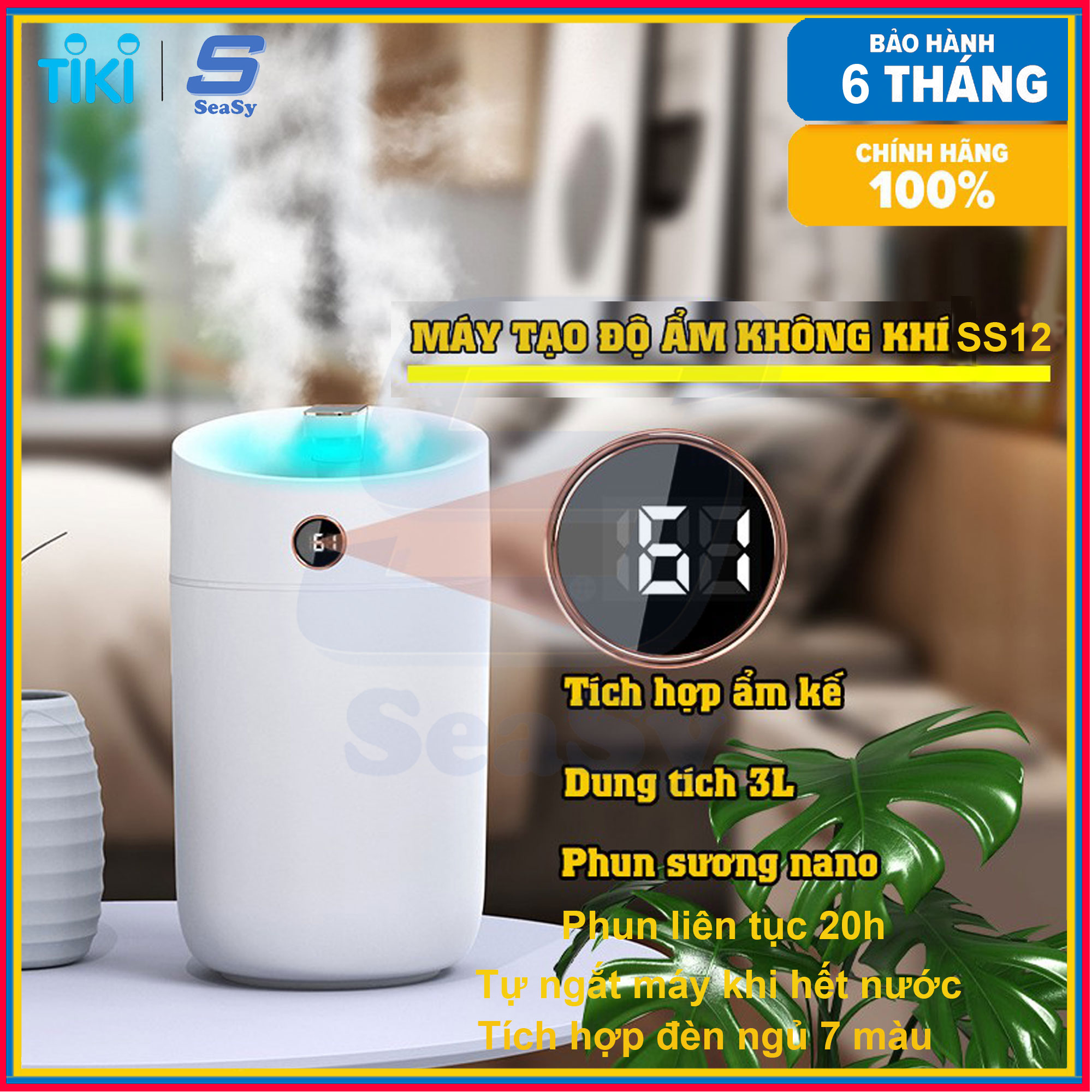 Máy phun sương nano tạo ẩm không khí SEASY SS12, máy xông và khuyếch tán tinh dầu dung tích 3 lít với 3 chế độ phun, tích hợp đèn ngủ tự thay đổi màu sắc, phun liên tục 20h và tự ngắt khi hết nước - Hàng chính hãng