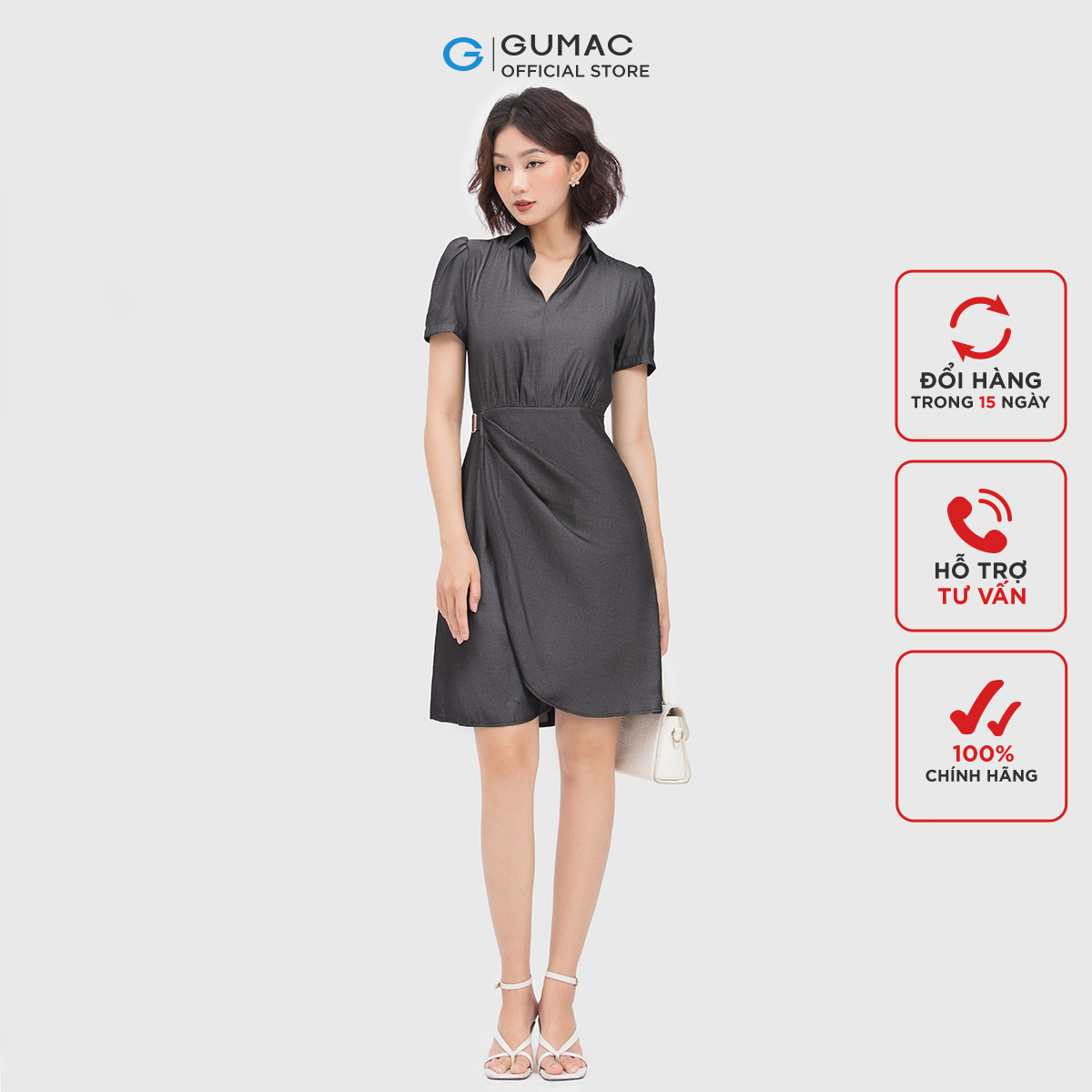 Đầm nữ GUMAC DC04023 cổ sơ mi form A nhẹ tà đắp phụ kiện thanh lịch