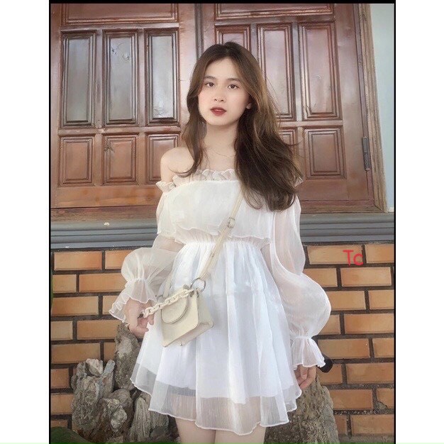 Áo Trễ Vai Dài Tay 2 Lớp Viền Bèo Voan Tơ