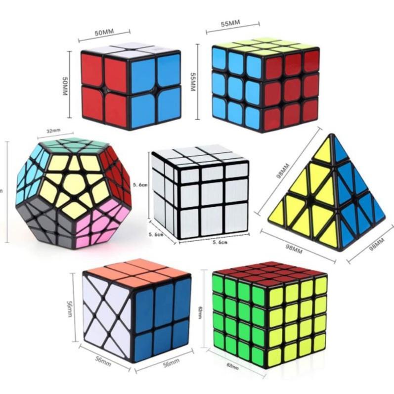 Hot Set 8 Rubik Sticker Viền Đen 2x2, 3x3, 4x4, Tam Giác, 12 Mặt, Mirror Gương bạc, Windmill, Ivy Cube