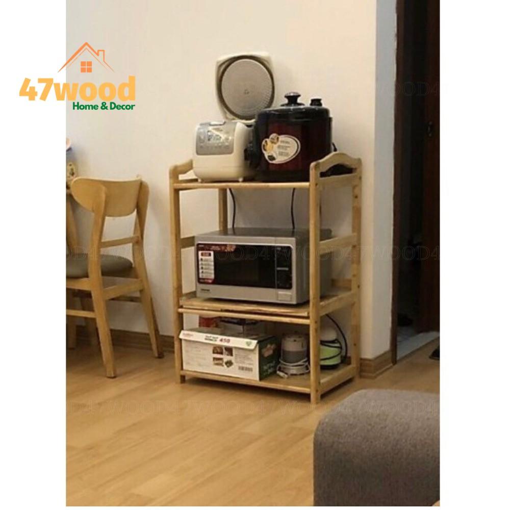 Kệ để lò vi sóng gỗ cao su chắc chắn có bánh xe di chuyển - Kệ vi sóng 3 tầng 47wood