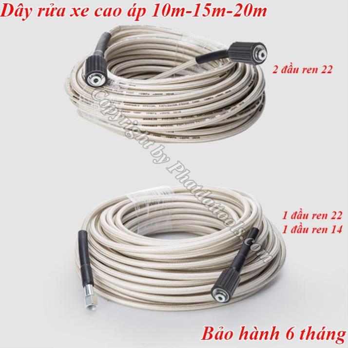 Cuôn dây rửa xe cao áp 10m-15m-20m cho máy rửa xe-Tặng kèm khớp nối dài dây rửa xe-Màu Trắng